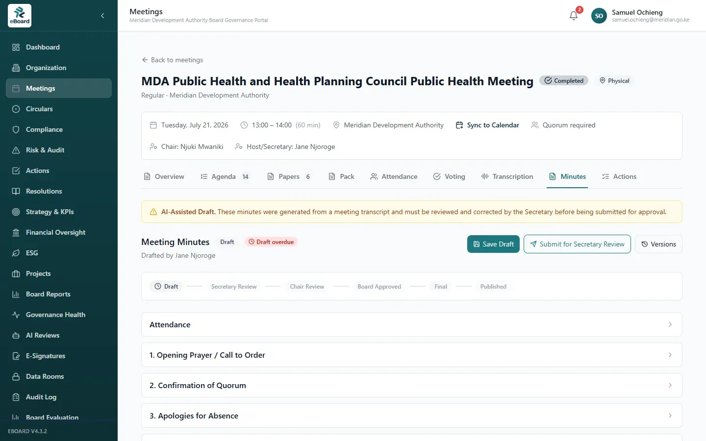 eBoard AI-assisted meeting minutes in a Draft-to-Published approval workflow